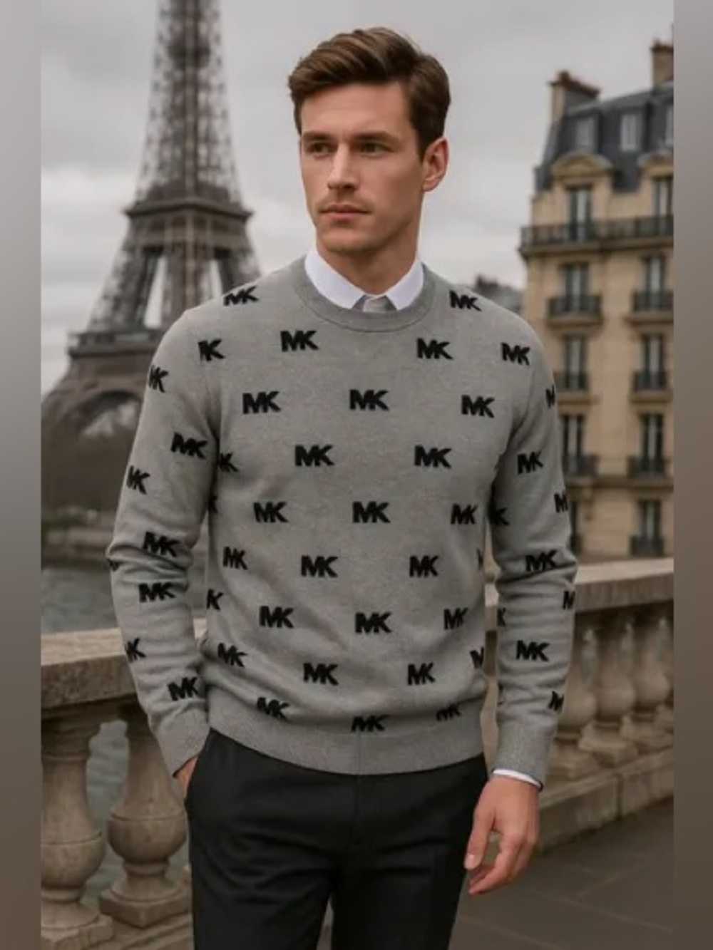 Michael Kors Gray Monogram Crewneck Knit Sweater Size Large